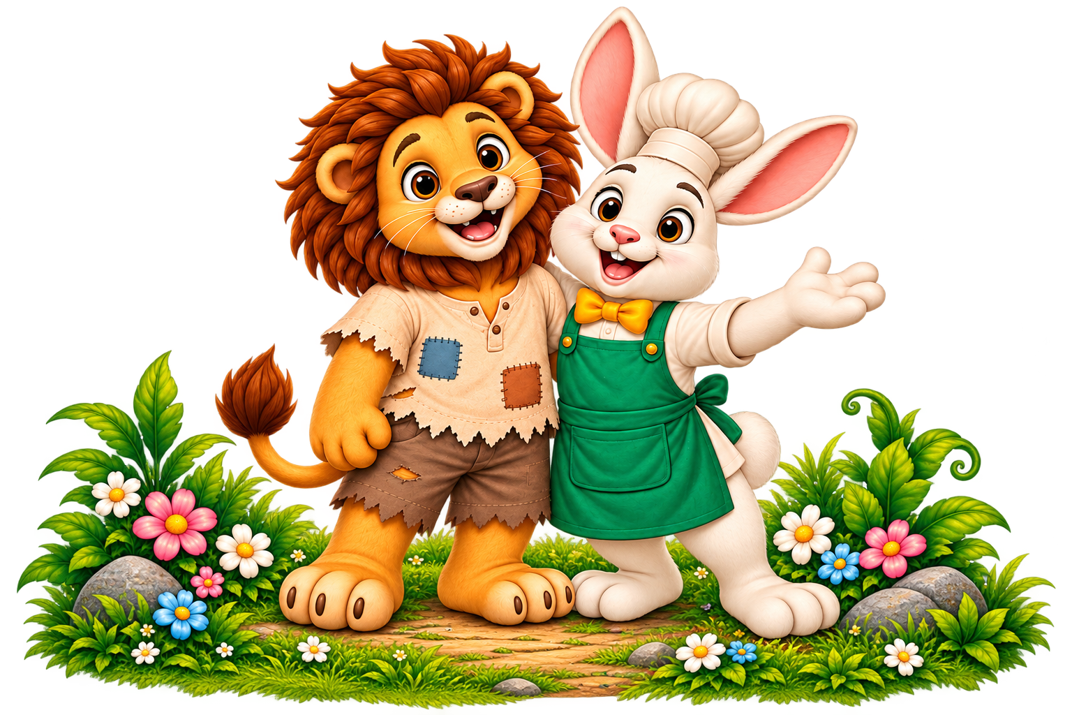 Stanley the lion and his rabbit friend standing together among flowers and greenery